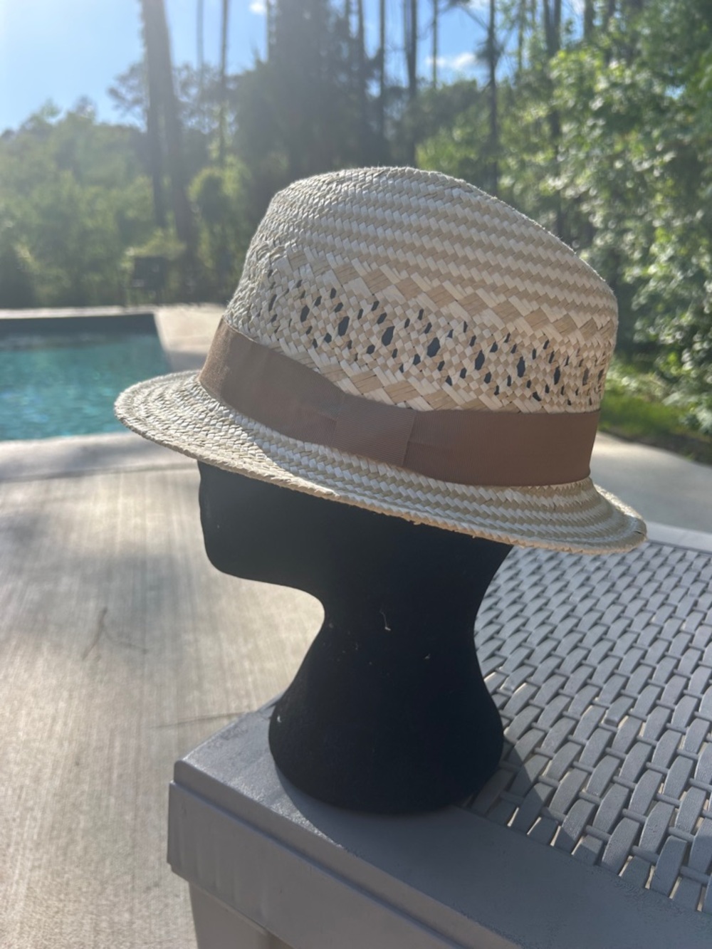 J. Crew Natural and White Woven Straw Hat with Brown Inner Band
